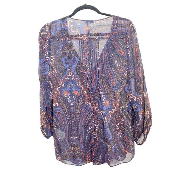 Joie Vendrea 100% Silk Blue Paisley Pleated Tie V Neck Peasant Blouse Boho Small - Picture 9 of 12